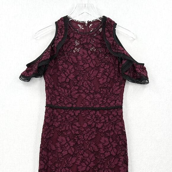 ALEXIS Evie Lace Midi Sheath Dress Womens Small Burgundy Crew Neck Cold Shoulder - Picture 7 of 16